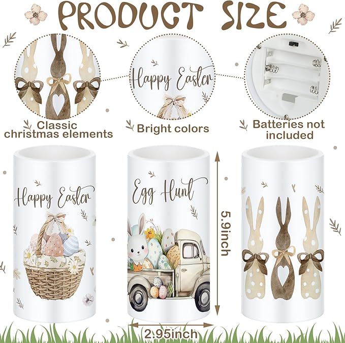 Retisee 3 Pcs Farmhouse Easter Flameless LED Candles Battery Operated Bunny Spring Flickering Pillar Candles with Remote Rabbit Happy Easter Centerpiece for Bedroom Living Room Dinner Table Decoration