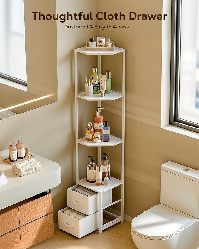 Housolution Corner Shelf Stand with Storage, 63.4'' Tall 6-Tier Corner Bookshelf Includes Fabric Drawers, Freestanding Corners Storage Shelf for Living Room Bedroom Kitchen Bathroom (White)
