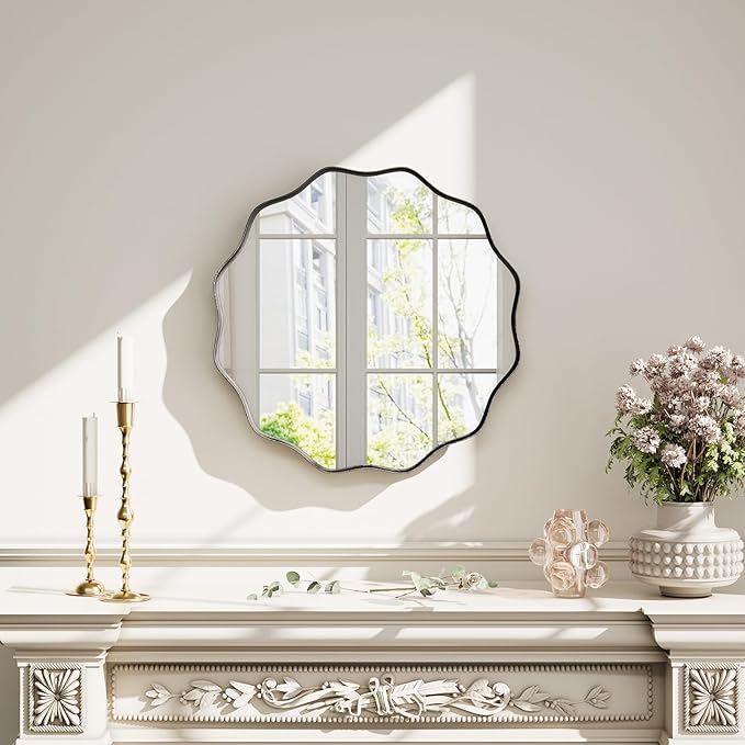 Round Wavy Mirror 20 Inch Bathroom Vanity Mirror Metal Frame Circle Wall Mounted Mirror for Bedroom Living Room Entryway Black
