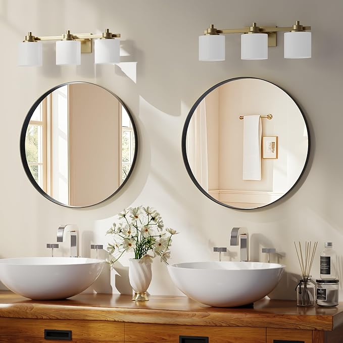 24 inch Round Bathroom Mirror, Wall Mounted Circle Mirror with Black Metal Deep Frame for Living Room, Hallway, Entryway as Wall Decor, Hanging or Leaning