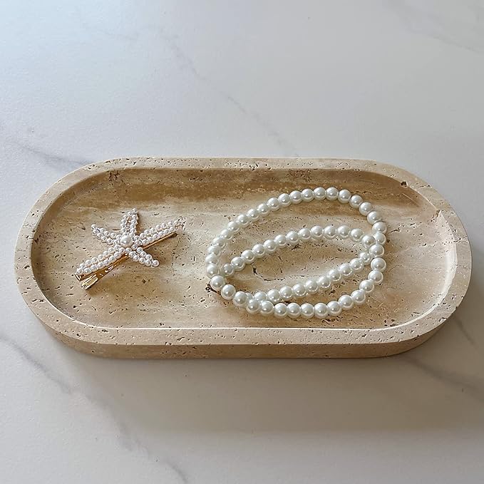 Natural Marble Oval Tray Ornaments Vintage Small Tray Storage Dish for Counter, Vanity, Dresser, Nightstand and Desk (Beige Travertine)