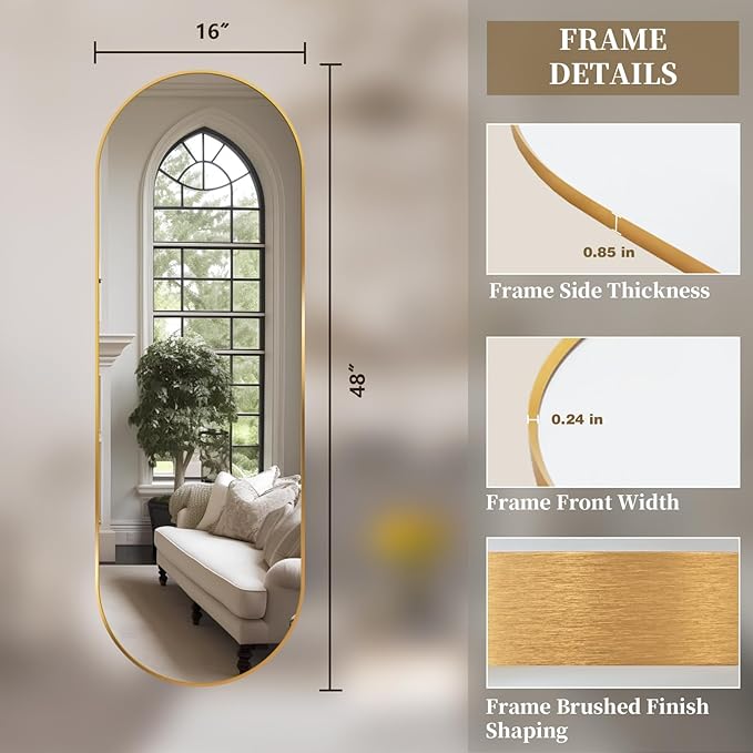 Oval Full Length Mirror, 48"×16" Wall-Mounted Mirror with Metal Frame, Ultra-Clear Explosion-Proof Dressing Mirror, Simple and Classic Deco for Cloakroom/Bedroom/Living Room, Gold