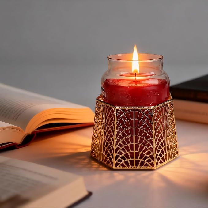 3 Wick Candle Holder, Golden Shell Design Candle Jar Holder for 4-Inch Diameter Jars (5.25" D x 3.5" H) (Golden)