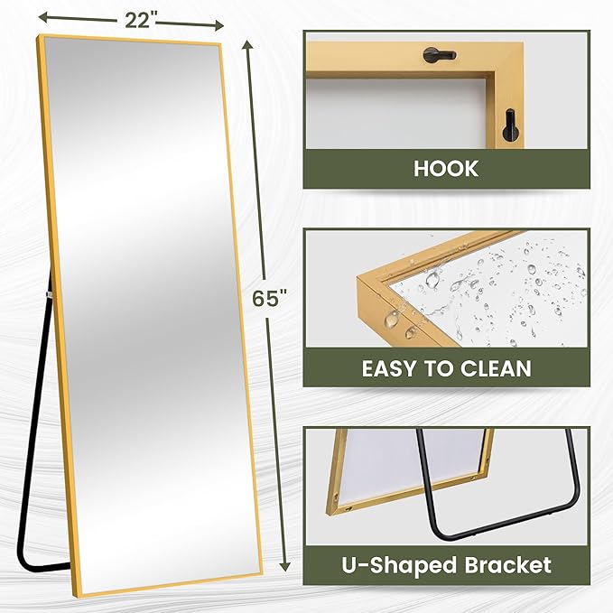 NeuType Full Length Floor Mirror Standing Hanging or Leaning Against Wall, Large Rectangle Bedroom Dressing Mirror Wall-Mounted, Aluminum Alloy Thin Frame, 65"x22"
