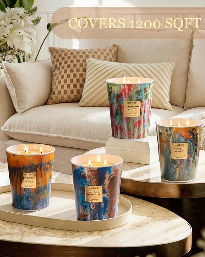 M&SENSE Large 3-Wick Teakwood Scented Soy Candle, 35oz 150 Hours Clean Burning Non-Toxic Candles, Home Office Essential, Fathers Day Business & Housewarming Gift