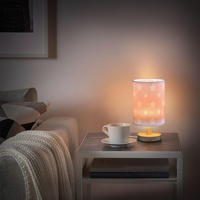 Table Lamp Pastel Pink Pattern with Star Nightstand Lamp with Wood Base Fabric Lamp Shade Bedside Desk Lamp for Living Room Bedroom Kids Room Office