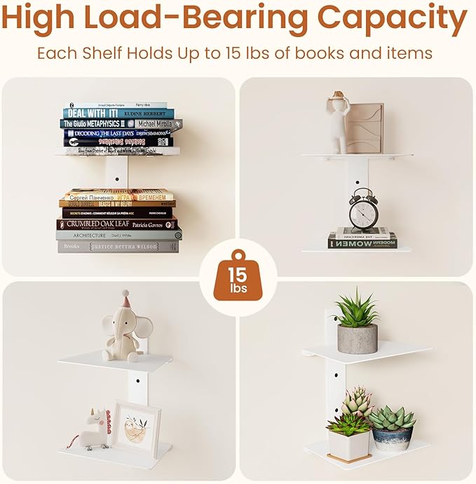 Wawocs Invisible Bookshelf for Wall, 4 Tier Floating Bookshelf Made of Heavy Duty Metal, Vertical Spine Book Tower Hanging Wall Bookshelf, Floating Book Shelves for Wall, 2 Pack White