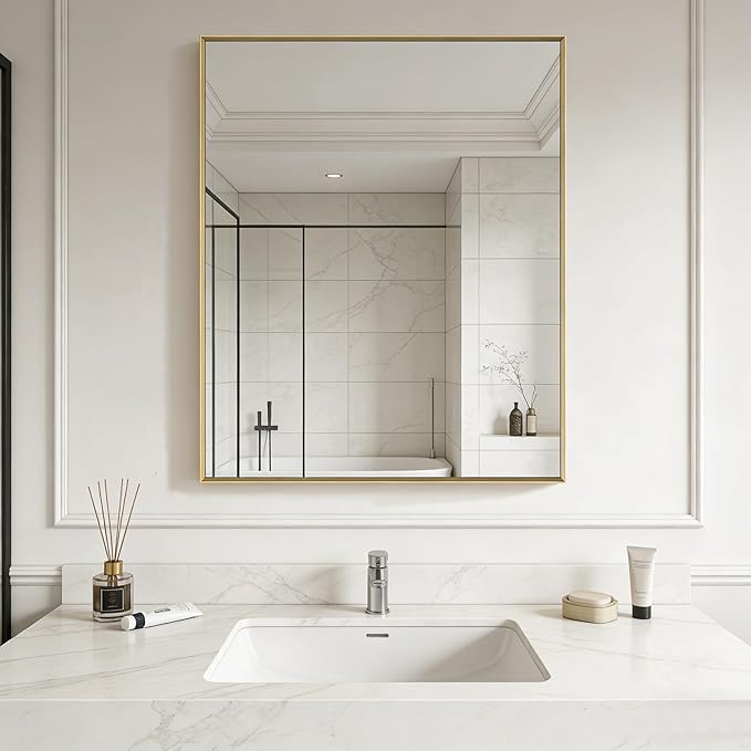 Bathroom Mirror for Wall, 30x40 Inch Metal Framed Mirror, Brushed Gold Rectangle Mirror, Bathroom Vanity Mirror Farmhouse, Tempered Glass, Anti-Rust, Hangs Horizontally or Vertically