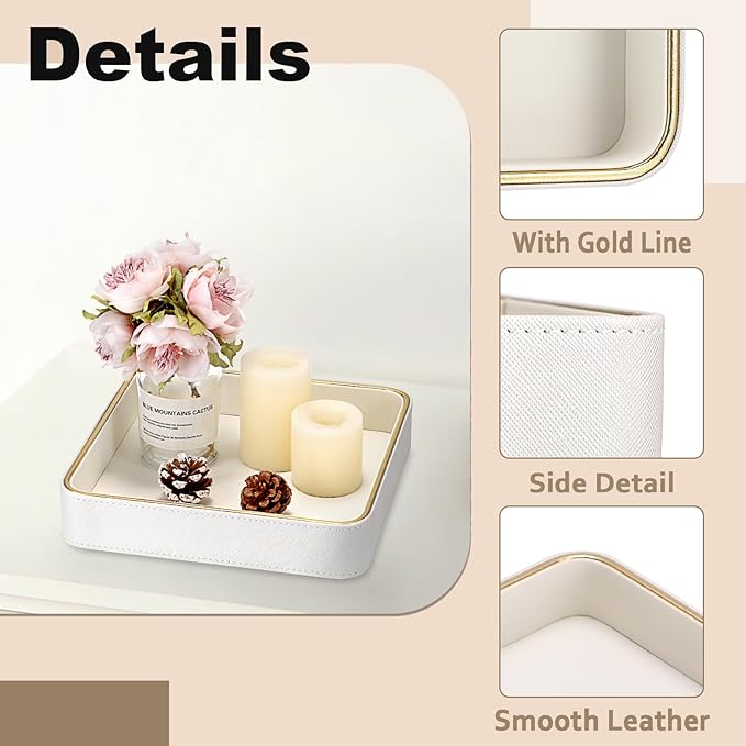 Hipiwe Perfume Tray Valet Tray Night Stand Bedside Organizer Perfume Organizer Catchall Trays PU Leather Bathroom Vanity Tray for Dresser Countertop Perfume Holder Women