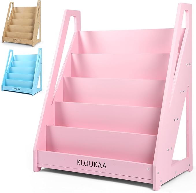 Kids Book Shelf Organizer, Wooden Children’s Bookcase with Front-Facing Storage for Toddlers & Kids (Pink)
