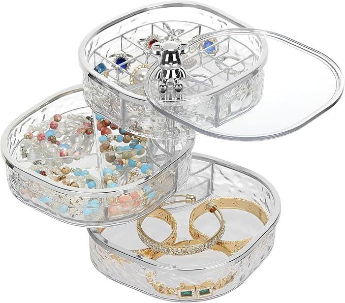 LETURE 3-Layers Rotatable Jewelry Organizer Storage Box, Clear Ripple Jewelry Holder Case for Ring Earring Necklaces Bracelets Makeup Hair Accessories, Small Rotating Jewelry Tray for Women (Clear)