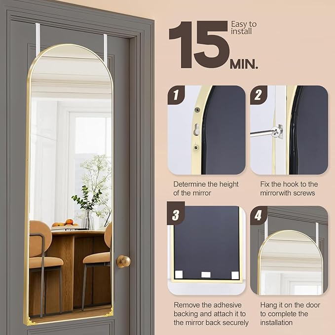 50"x16" Door Mirror, Arched Full Length Mirror, Over the Door Mirrors Full Length, Hanging Mirrors for Bedroom, Bathroom, Gold