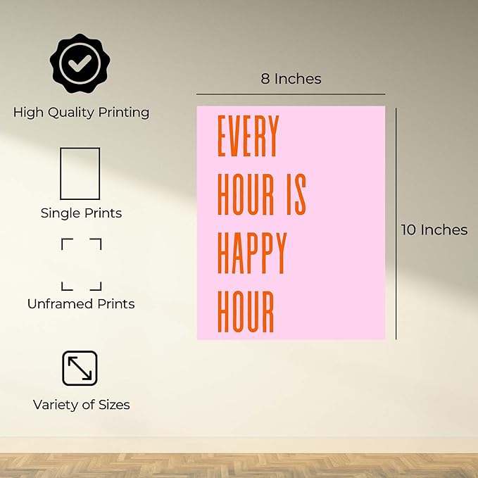 InkFlow Posters Every Hour Happy Hour Poster - Bold Typography Quote Art - Modern Pink Orange Design - Kitchen Bar Wall Decor - Contemporary Home Style Print - 8x10 Unframed Canvas Print