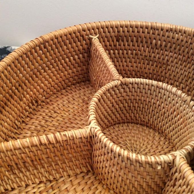 Woven Wicker Round Baskets with Lid Divided Rattan Sundries Box 29cm for Dried Fruit Nuts Bowl Keys Jewelry Makeup Counter Organizer