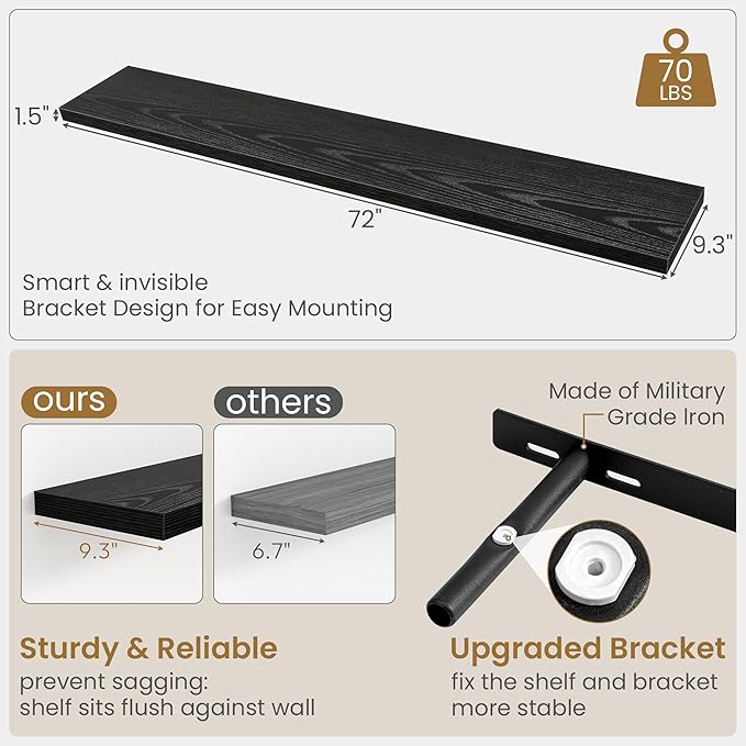 Fun Memories 72 Inch Long Floating Shelves for Wall, 72x9.3 Large Floating Shelf for Bedroom, Kitchen, Bathroom, Wall Mounted Rustic Wood Shelves with Invisible Bracket for Books, Decor, Black