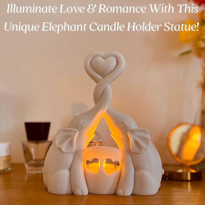 Elephant Love Candle Holder Statue - Elegant Gift Home Decor for Women Living Room or Bedroom - Flickering LED Candle Included - Ivory 14th Anniversary, Couples, Parents Valentine's Present