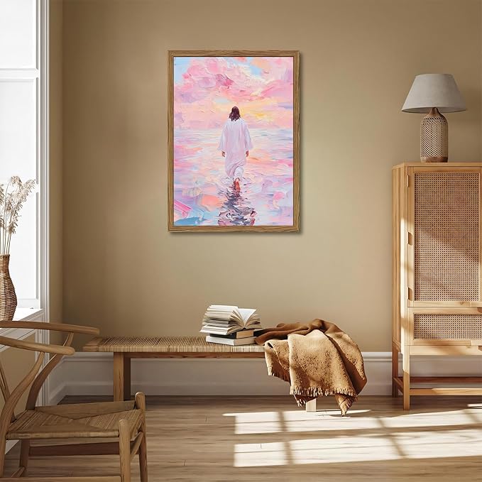 Pink Jesus Walking On Water Wall Art, Frame 3D Textured Hand Drawn Sandstone Christian Wall Decor Paintings Religious Savior Pictures for Living Prayer Room Bedroom, 24x36 in Wood Framed