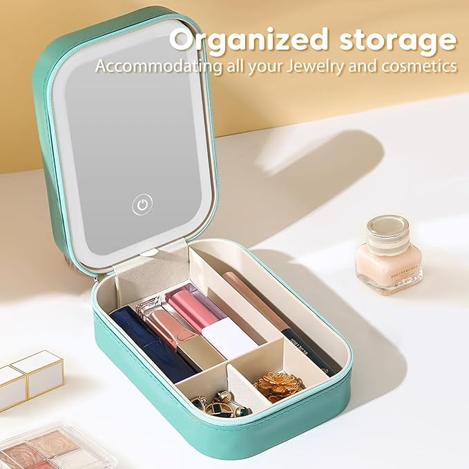 Portable LED Makeup Bag with Adjustable Light-Up Mirror - Three-Color Lighting | Dust-Proof Cosmetic Case with Multi-Compartment Storage and Jewelry Organizer (Green)