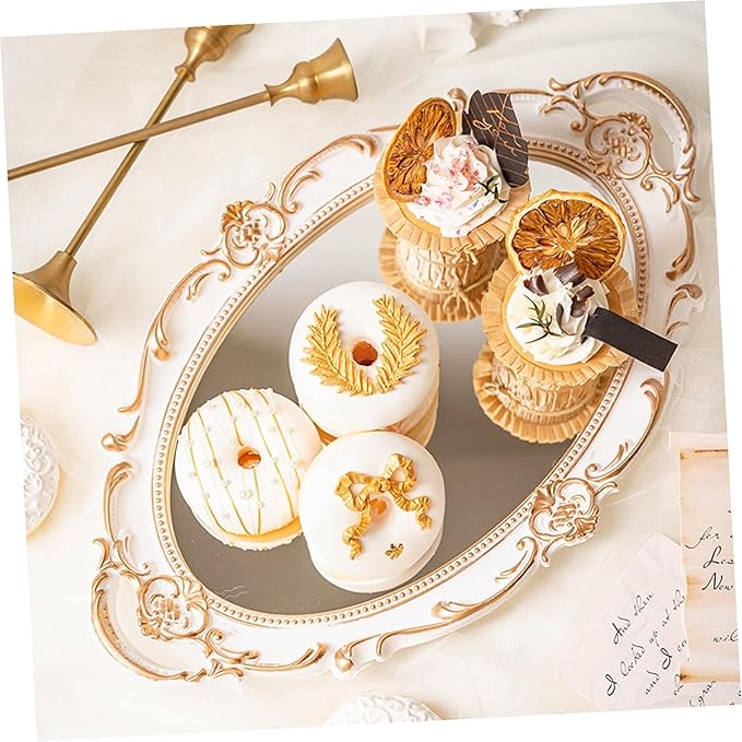 BESPORTBLE Oval Vintage Decorative Mirror Tray with Handles French Style Makeup Organizer and Jewelry Dresser Serving Tray Elegant Ellipse Shape for Vanity Display and Dessert Presentation