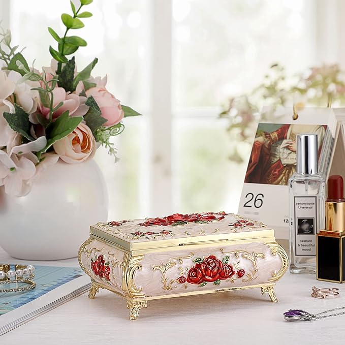 Hipiwe Metal Decorative Jewelry Box Vintage Treasure Chest Case Ornate Trinket Organizer Earrings Necklace Bracelet Storage Box Ring Holder Keepsake Box for Women