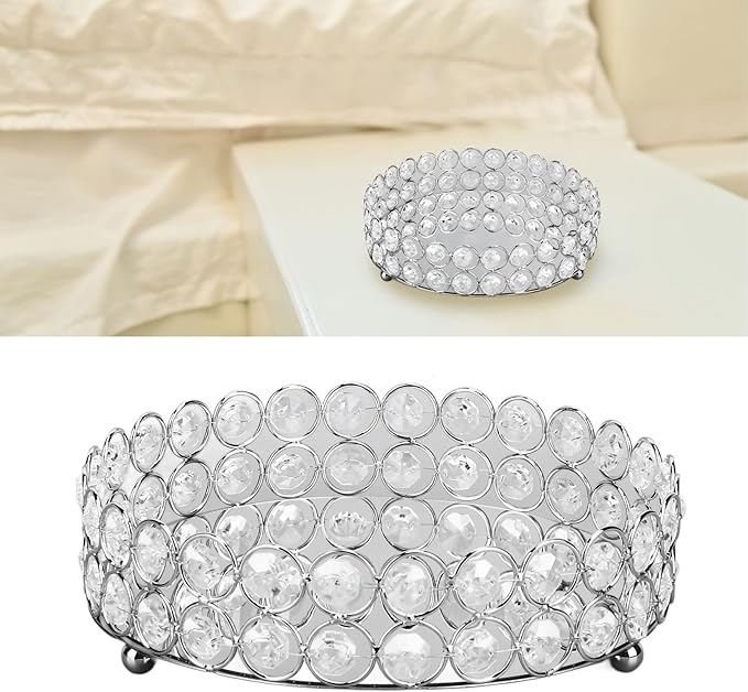 8 Inch Round Vanity Tray Mirrored Crystal Metal Display for Makeup Perfume Jewelry Organizer and Home Decor