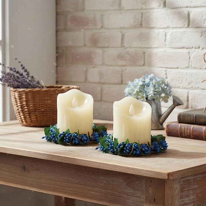 Daifunli 2 Pcs Williamsburg Blue Candle Rings Wreath Blue Pip Berry Ring Wreath for Pillar 3.9 Inch Candles Holder for Holiday Table Centerpiece Wedding Kitchen Cabinets Rustic Table Decor