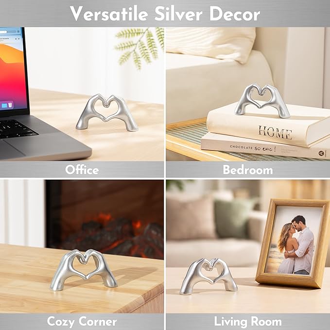 Gold Decor Living Room – Mini Small Heart Hands Sculpture – Shelf Decor Aesthetic – Cute Home Accent Table & Shelves – Love Statue - Gifts Girlfriend, Wife, Women, Teen Girls, Valentine (Silver, Mini)