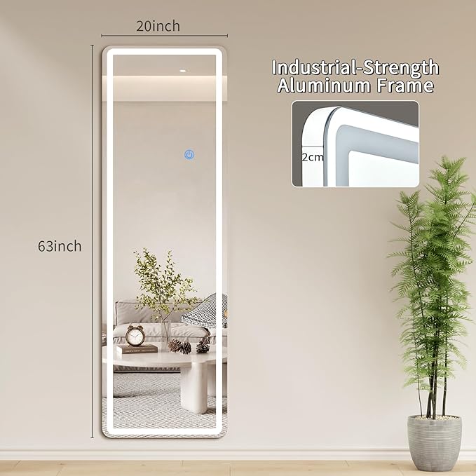 Koonmi LED Full Length Mirror, 63"x20" Full Length Mirror with Lights, Lighted Floor Mirrors with Stand, Full Body Mirrors with Dimming & 3 Color Lightingfor Living Room Cloakroom, White