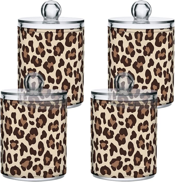 4 Pack Qtip Holder Dispenser Leopard Print Cheetah Cotton Ball Cotton Swab Round Pads Floss Clear Bathroom Storage Containers Plastic Apothecary Jars with Lids