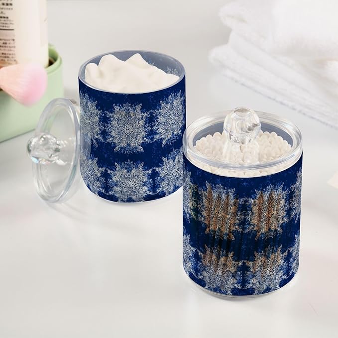 2 Pack Apothecary Jars Blue Snowflake Textile Design Bathroom Vanity Storage Organizer Set,Small Clear Plastic Storage Jars Bathroom Canister for Cotton Swabs, Rounds, Balls, Qtips,Makeup Spong