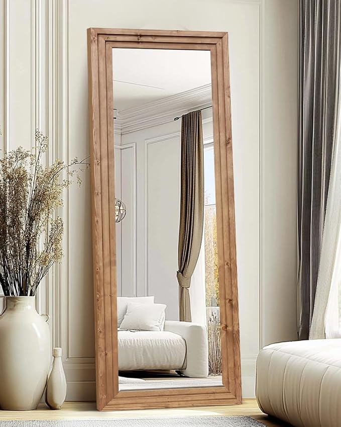 Full Length Mirror 65"x24" Solid Wood Frame Floor Large Mirror for Living Room, Bedroom Hanging or Leaning Wall-Mounted, Light Brown