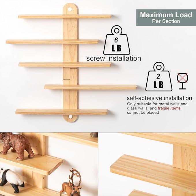 Wooden Floating Shelves for Wall, Small Wood Display Shelves Rack for Collectibles-Figures, Mini Decor, Toy, Toniebox - 16 inches Sliding Trinket Shelf with 2 Types of Installation