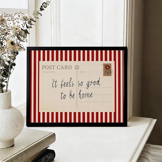Red Vintage Postcard Poster It Feels So Good To Be Home Quote Wall Art Mid Century Modern Striped Canvas Prints for Living Room Bedroom Wall Decor 08x10 inch Aluminum Framed