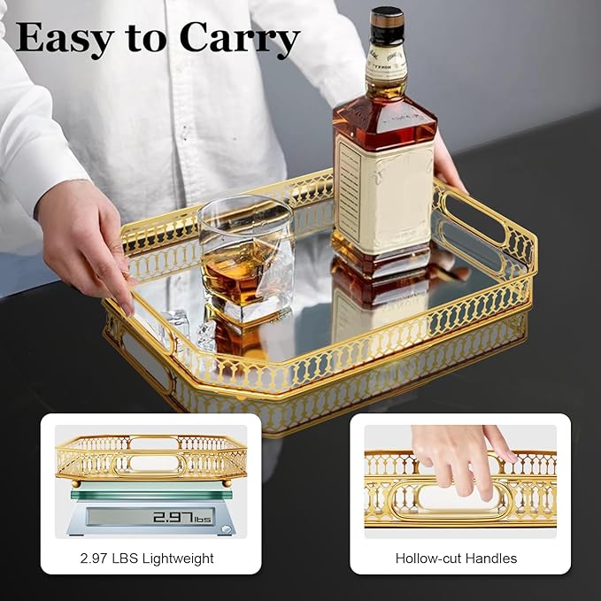 Metal Vintage Octagon Glass Surface Mirror Tray,Luxurious Makeup Perfume Holder,Golden Serving Plate,for Makeup Brushes/Lipstick/Skincare/Perfumes/Bathroom Accessories.