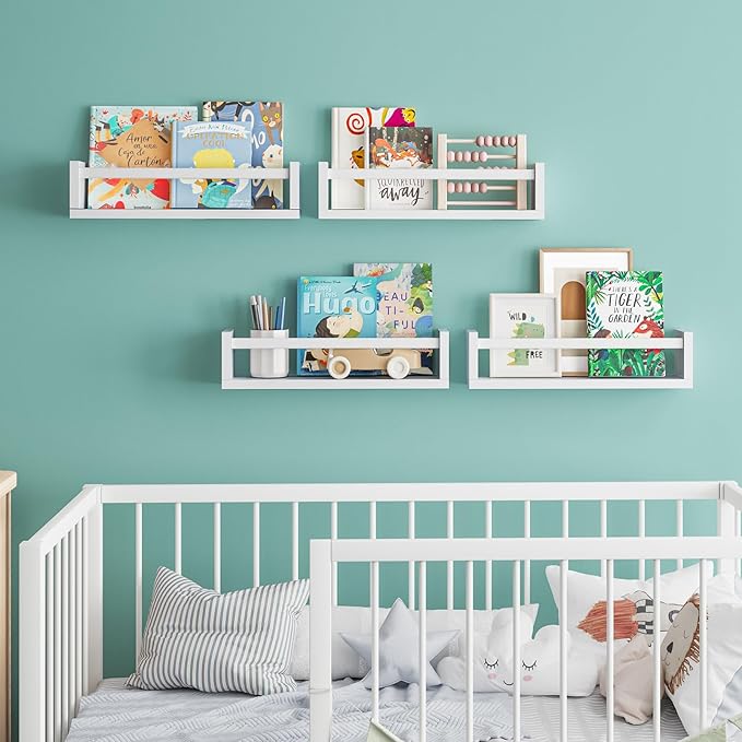 Fixwal Floating Book Shelves for Wall, 16.5 Inch Nursery Book Shelves for Playroom Decor, Set of 4, Solid Wood Wall Mounted Shelves for Books and Toys Storage (White)