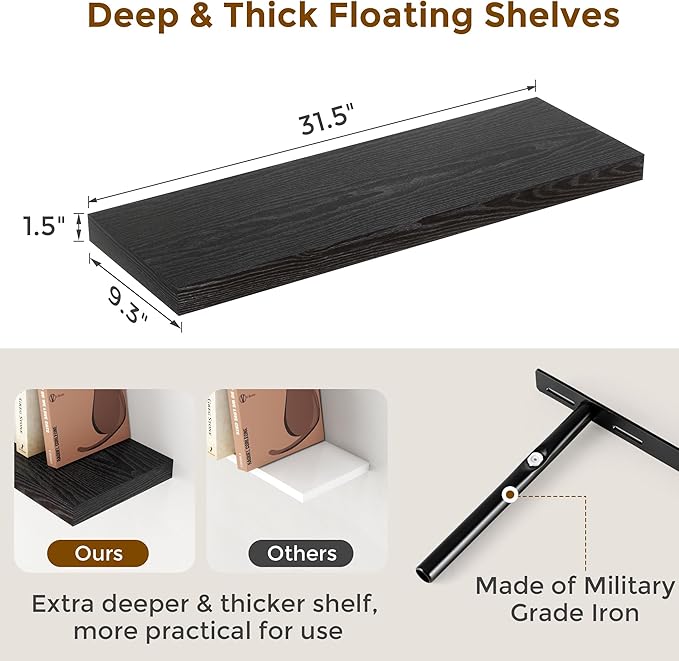 Fun Memories 32" W x 9.3" D Floating Shelves in Black, Rustic Wood Deep Shelves for Bedroom, Kitchen, Living Room, Long Floating Shelf for Wall, Storage Display Wall Shelf for Books Decor
