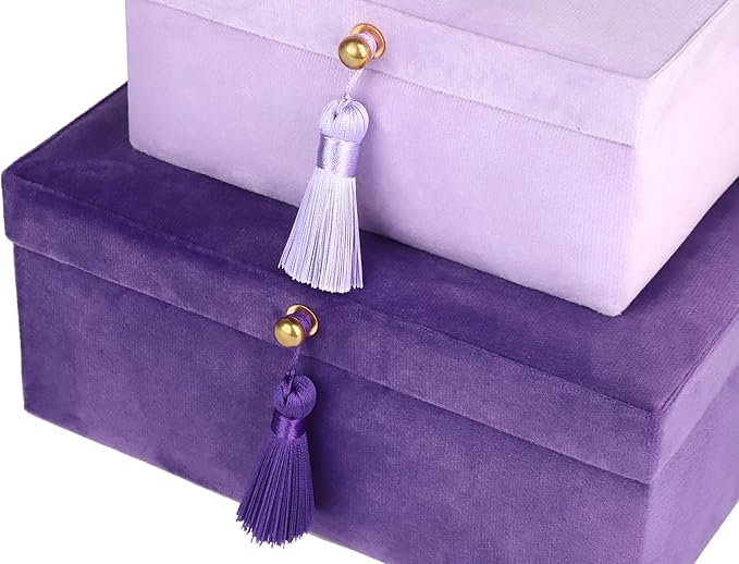 HofferRuffer Velvet Jewelry Boxes Decorative Boxes, Storage Accessory Organizer Boxes with Elegant Handle Decor, Classic Velvet Set of 2 Pieces (Purple)