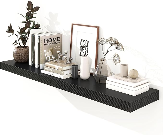 FLYJOE 12 Inch Deep Floating Shelves | 55 Inch Black Floating Shelves | 55" W x 12" D Rustic Wood Shelves for Wall | Deep Black Shelves for Living Room Bathroom Laundry Room Kitchen