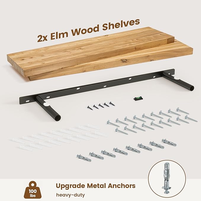 Venusmiles Elm Floating Shelves for Wall Decor, Rustic Solid Wood Shevles Wall Mounted with Invisible Bracket for Living Room Bathroom Bedroom Kitchen, 36 Inch Set of 2, Natural