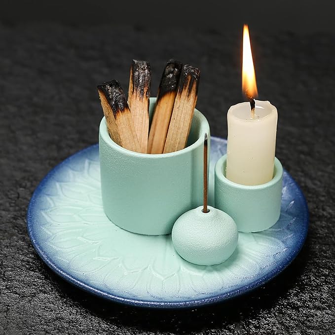 4 in 1 Multifunctional Ceramic Incense and Candle Holder with Ash Catcher Tray Suit for Burning White Sage, Palo Santo Sticks (Sky Blue)