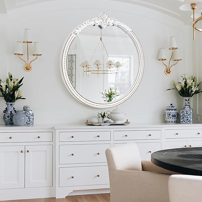 Farmhouse Round Wood Mirror - 30x30 Inches Antique White Baroque Wall Mirror, Ornate Beaded Decorative Mirror for Mantel, Living Room