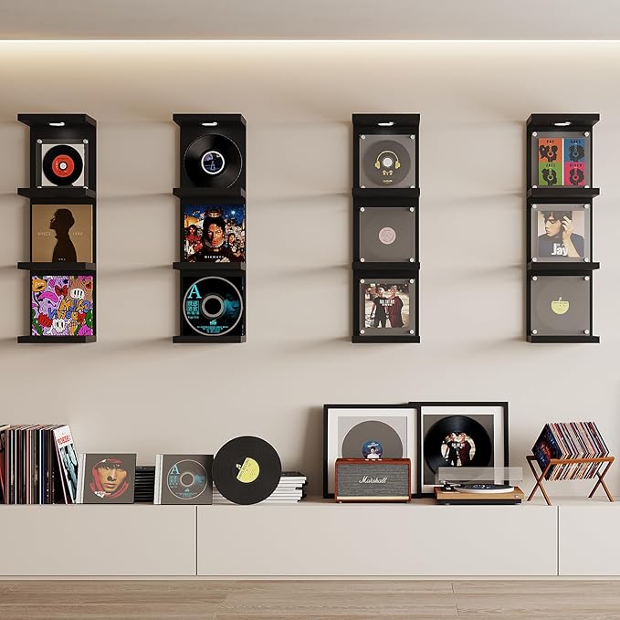 LitaEther Versatile 4 Tier Wall Shelf Unit,Black Lack Wall Shelf,Display Floating Shelf with LED Remote Control Light
