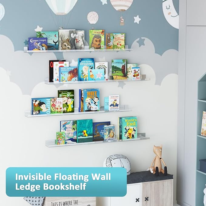 Albumgit 2 Pack Acrylic Shelves for Wall Storage, Self-Adhesive 15" Clear Floating Shelf for Figures, Photo, Makeup, Book, Wall Mounted Shelves for Bathroom, Living Room, Bedroom, Kitchen