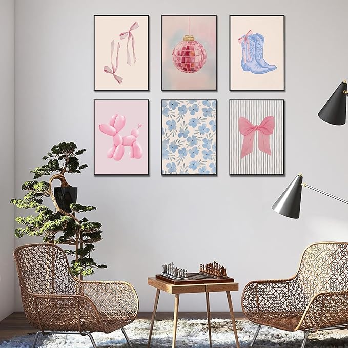 Blue and Pink Preppy Poster Set of 6 Cute Coquette Bow Boots Wall Art Aesthetic Coastal Wall Art, Trendy Girls Dorm Decor Cute Pink Bows Wall Decor for Bedroom Living Room Unframed 12x16 Inch