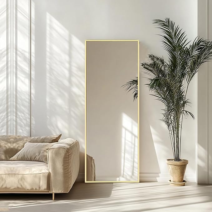 Sunniry Gold Floor Mirror, Full Body Mirror with Aluminum Metal Frame, Floor Mirrors for Nursery, Baby Room, Entryway, Party, Dressing Room. (48x16 inch, Gold)