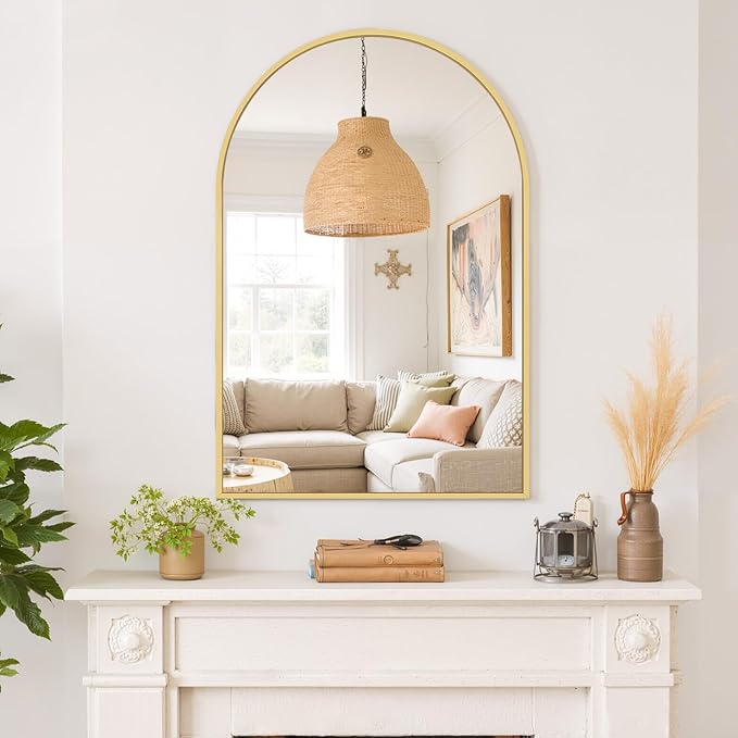 Arched Wall Mirror 38x26 Inch Gold Bathroom Vanity Mirror with Metal Frame, Modern Arch Mirror for Bedroom, Living Room, Entryway, Wall Mounted Decorative Mirror