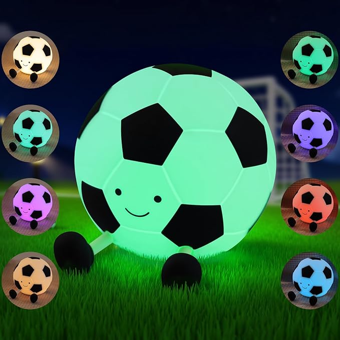 YISUN Soccer Silicone Night Light for Kid, Rechargeable Night Lights with 7 Colors & Timer, Cute Squishy Lamp for Boys Girls Christmas Gifts, Dimmable LED Light Room Decor Toys