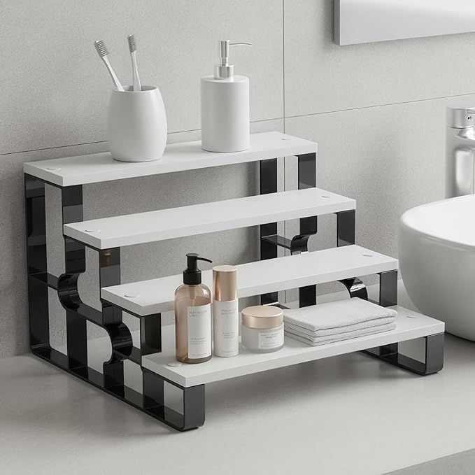 4-Tier Cologne & Perfume Display Shelf, 11.2" Wide White Wood Step Organizer, Makeup Organizer & Spice Rack for Bathroom Countertop, Bedroom Dresser & Kitchen