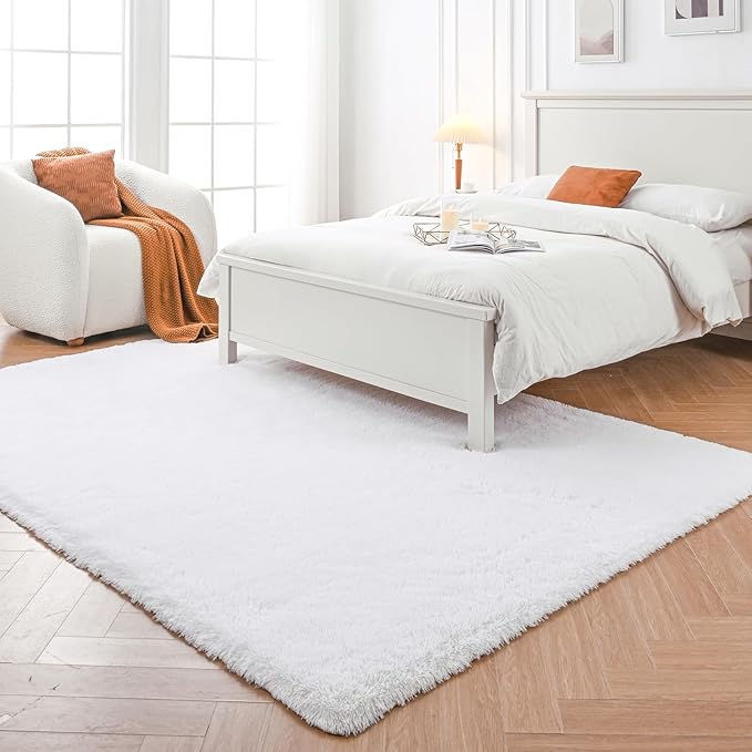 White Shag Area Rugs for Bedroom：White Plush Area Rug 4x6 - Indoor Modern Shaggy Soft Carpet for Living Room Bedroom Kids Room Nursery (White, 4x6 Feet)