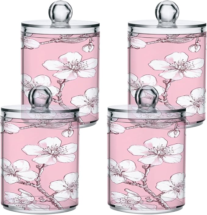 Nander 2Pack Beautiful Cherry Blossoms Qtip Holder Dispenser -Clear Plastic Apothecary Jars Set - Restroom Bathroom Makeup Organizers Containers for Cotton Swab, Ball, Pads, Floss